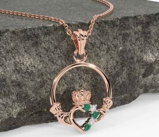 Diamond Emerald Rose Gold Claddagh Necklace