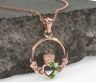 Diamond Peridot Rose Gold Claddagh Necklace