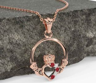 Diamond Ruby Rose Gold Claddagh Necklace