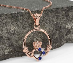Diamond Sapphire Rose Gold Claddagh Necklace