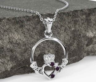 Diamond Alexandrite Silver Claddagh Necklace