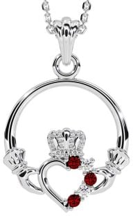 Diamond Garnet Silver Claddagh Necklace