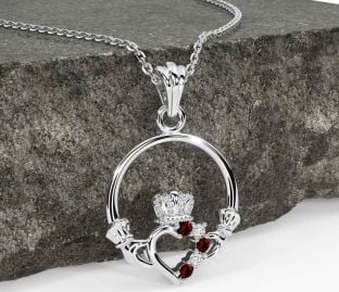 Diamond Garnet Silver Claddagh Necklace