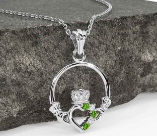 Diamond Peridot Silver Claddagh Necklace
