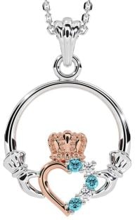 Diamond Aquamarine Rose Gold Silver Claddagh Necklace