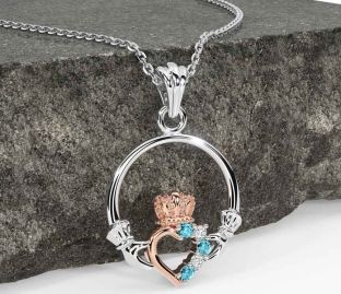 Diamond Aquamarine Rose Gold Silver Claddagh Necklace