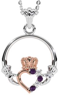 Diamond Alexandrite Rose Gold Silver Claddagh Necklace