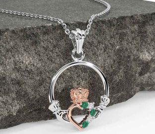 Diamond Emerald Rose Gold Silver Claddagh Necklace