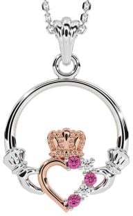 Diamond Pink Tourmaline Rose Gold Silver Claddagh Necklace