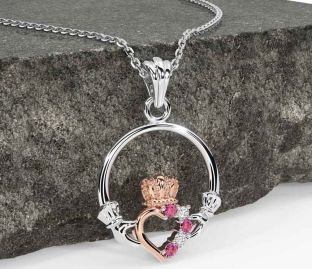Diamond Pink Tourmaline Rose Gold Silver Claddagh Necklace