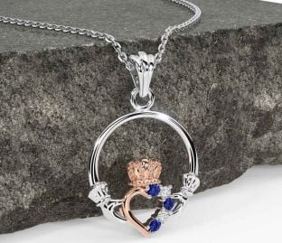 Diamond Sapphire Rose Gold Silver Claddagh Necklace