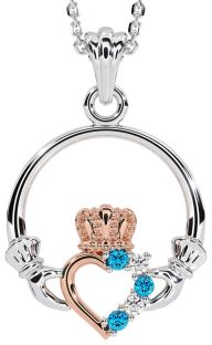 Diamond Topaz Rose Gold Silver Claddagh Necklace