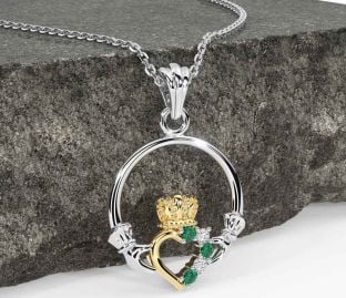Diamond Emerald Gold Silver Claddagh Necklace