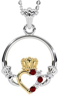 Diamond Garnet Gold Silver Claddagh Necklace