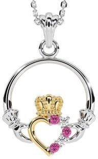 Diamond Pink Tourmaline Gold Silver Claddagh Necklace