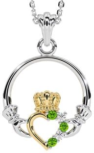 Diamond Peridot Gold Silver Claddagh Necklace