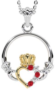 Diamond Ruby Gold Silver Claddagh Necklace