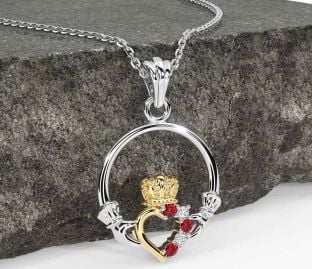 Diamond Ruby Gold Silver Claddagh Necklace