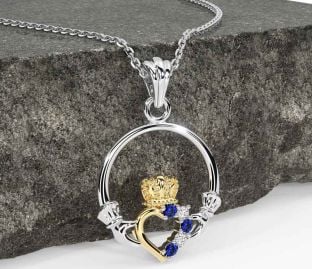 Diamond Sapphire Gold Silver Claddagh Necklace