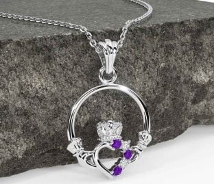 Diamond Amethyst White Gold Claddagh Necklace