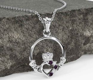 Diamond Alexandrite White Gold Claddagh Necklace