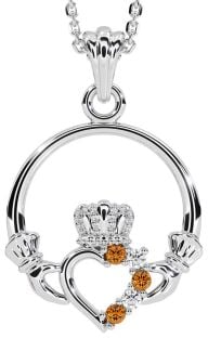 Diamond Citrine White Gold Claddagh Necklace