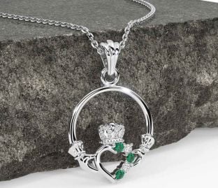 Diamond Emerald White Gold Claddagh Necklace