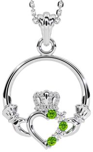 Diamond Peridot White Gold Claddagh Necklace