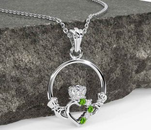 Diamond Peridot White Gold Claddagh Necklace