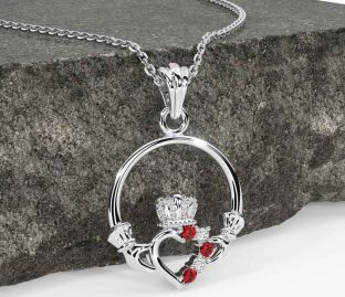 Diamond Ruby White Gold Claddagh Necklace