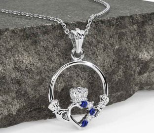 Diamond Sapphire White Gold Claddagh Necklace