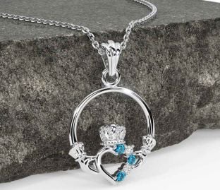 Diamond Topaz White Gold Claddagh Necklace