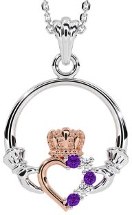 Diamond Amethyst White Rose Gold Claddagh Necklace
