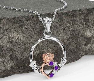 Diamond Amethyst White Rose Gold Claddagh Necklace