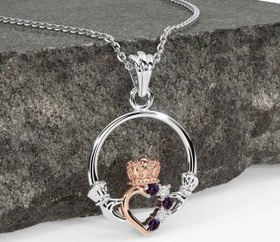 Diamond Alexandrite White Rose Gold Claddagh Necklace