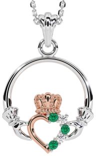Diamond Emerald White Rose Gold Claddagh Necklace