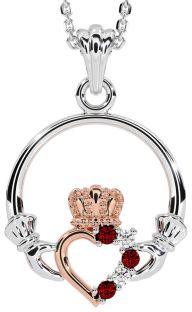 Diamond Garnet White Rose Gold Claddagh Necklace