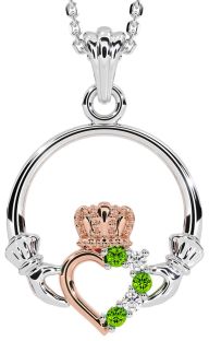Diamond Peridot White Rose Gold Claddagh Necklace