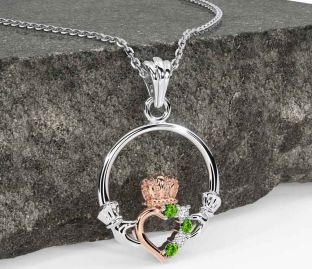 Diamond Peridot White Rose Gold Claddagh Necklace