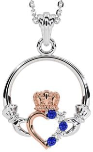 Diamond Sapphire White Rose Gold Claddagh Necklace