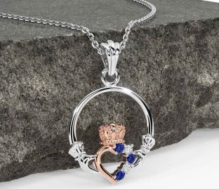 Diamond Sapphire White Rose Gold Claddagh Necklace