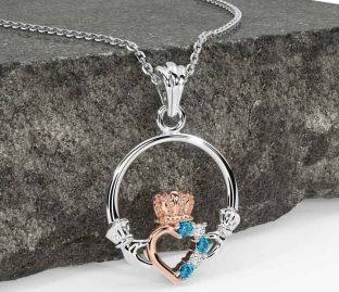 Diamond Topaz White Rose Gold Claddagh Necklace