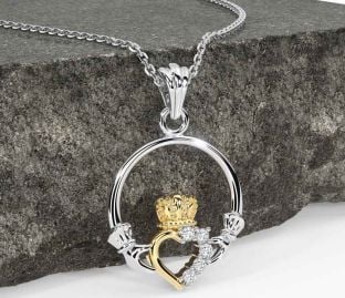 Diamond White Yellow Gold Claddagh Necklace
