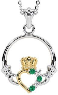 Diamond Emerald White Yellow Gold Claddagh Necklace