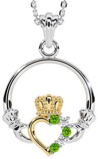 Diamond Peridot White Yellow Gold Claddagh Necklace