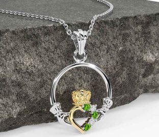 Diamond Peridot White Yellow Gold Claddagh Necklace