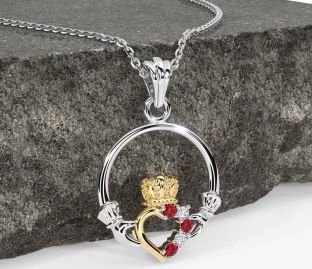 Diamond Ruby White Yellow Gold Claddagh Necklace