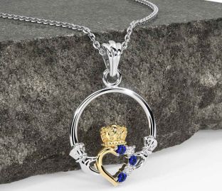 Diamond Sapphire White Yellow Gold Claddagh Necklace
