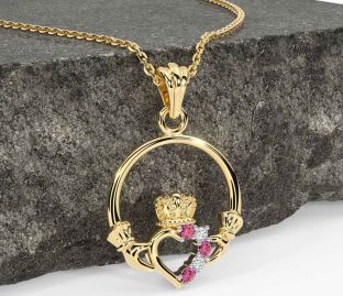 Diamond Pink Tourmaline Gold Claddagh Necklace