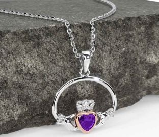 Amethyst Rose Gold Silver Claddagh Necklace